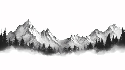 Black and white hand drawn pencil sketch of mountain scene with rocky peaks in graphic style on white background. Silhouette concept