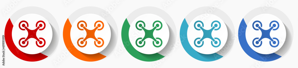 Poster Drone, copter vector icon set, flat icons for logo design, webdesign and mobile applications, colorful round buttons