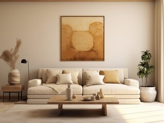A Stylish Living Room with a White Couch and a Striking Wall Painting