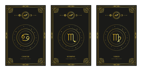 Zodiac astrology horoscope set. Celestial mystical zodiacal horoscope templates for logo, poster or card.