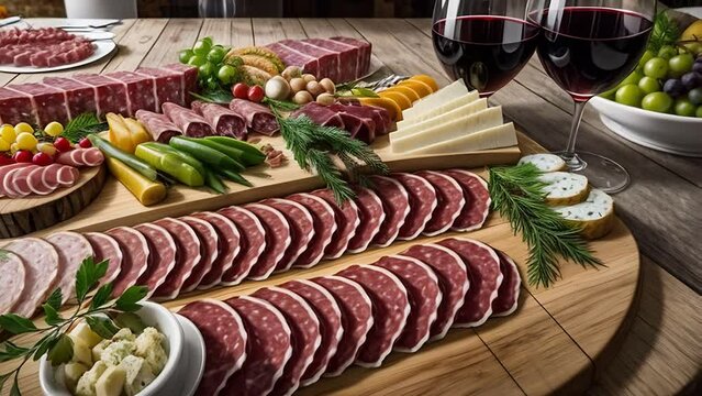 large charcuterie board on wood table