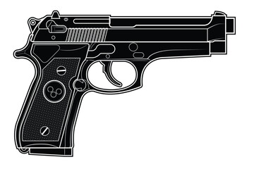 Vector illustration of the Beretta M92 automatic pistol on a white background. Black. Right side.