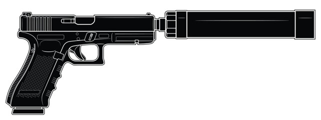 Vector illustration of the  automatic pistol with silencer on the white background. Black. Right side.