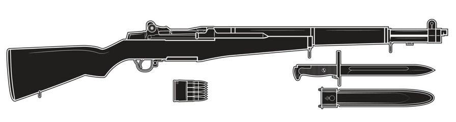 Vector illustration of the M1 Garand rifle and equipment such as a bayonet N1905, bayonet sheath and cartridge clip on the white background. Black. Right side.