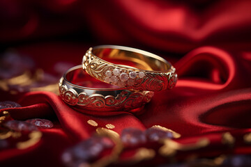 close up of Chinese wedding rings on red silk. selective focused.
