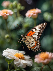 Beautiful butterfly on colorful flowers background, closeup. Floral background