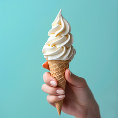 Vanilla Flavor Ice Cream soft serve in crispy cone with hand holding - obrazy, fototapety, plakaty