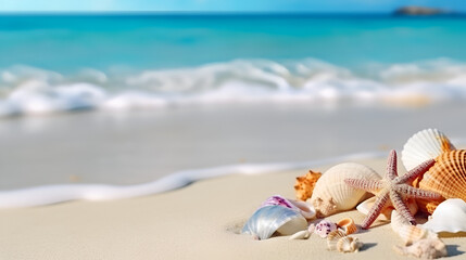Fototapeta na wymiar exotic seashells on white sand on the seashore