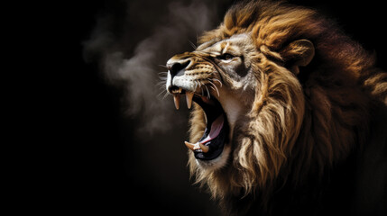 Portrait of a Lion roaring on a black background - obrazy, fototapety, plakaty
