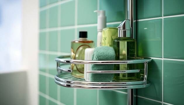 Shower caddy with Bath & Shower Gels, shampoo, sponge