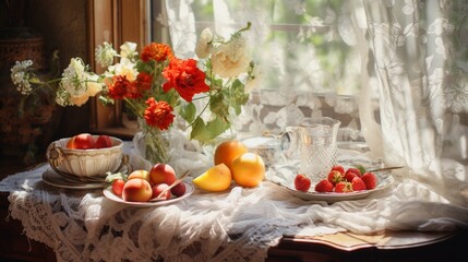 Sunlit table adorned with fresh flowers, fruits, and a delicate lace cloth.