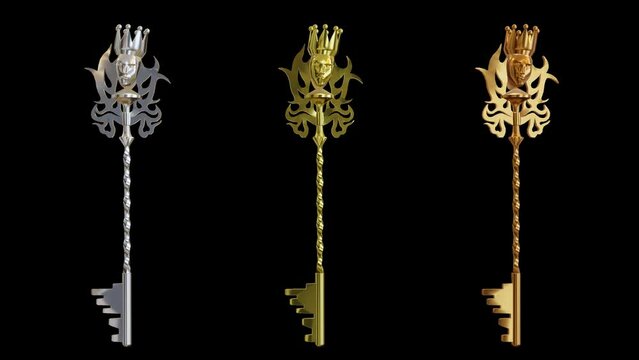 gold silver and bronze key set spin transparent background 