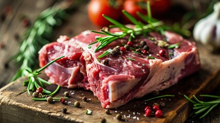 Freshly Cut Raw Meat on a Wooden Cutting Board with Fresh Herbs and Ripe Tomatoes