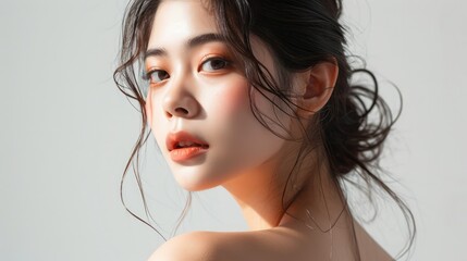 Beautiful asian woman model pose, facial beauty - obrazy, fototapety, plakaty