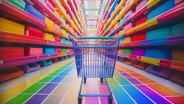 A vibrant multicolored shopping cart slowly weaving its way through a maze of aisles filled with a variety of products.