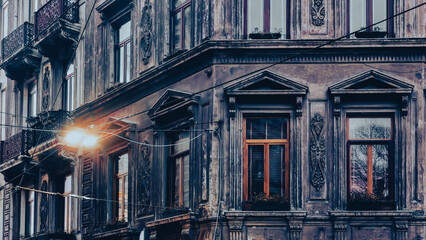 Old buiding with balconies on the street of Beyoglu.  Filtered image processed vintage effect.