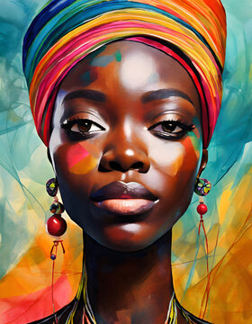 African beauty woman portrait. Colorful painting of ethnical identity.