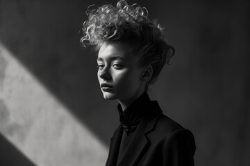 Modernist portrait, androgynous model with sculptural hair, monochrome outfit against a minimalist set