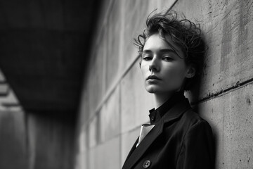 Modernist portrait, androgynous model with sculptural hair, monochrome outfit against a minimalist set