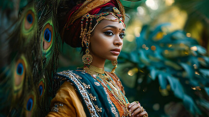 Fototapeta premium Folk art portrait, South Asian dancer in ornate costume, gold jewelry shimmering