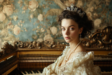 portrait of a countess, jeweled tiara and rich pearls, seated by a harpsichord, intricate floral wallpaper