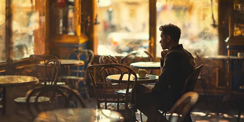 Foto op Canvas Young man sitting in a vintage Parisian café, impressionist oil painting effect, vibrant play of light and shadow © Marco Attano