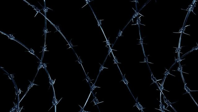 Barbed wire coil metal steel with thorns and spikes realistic 3D render, 4K HD infinite immersive loop with blue lighting and mask