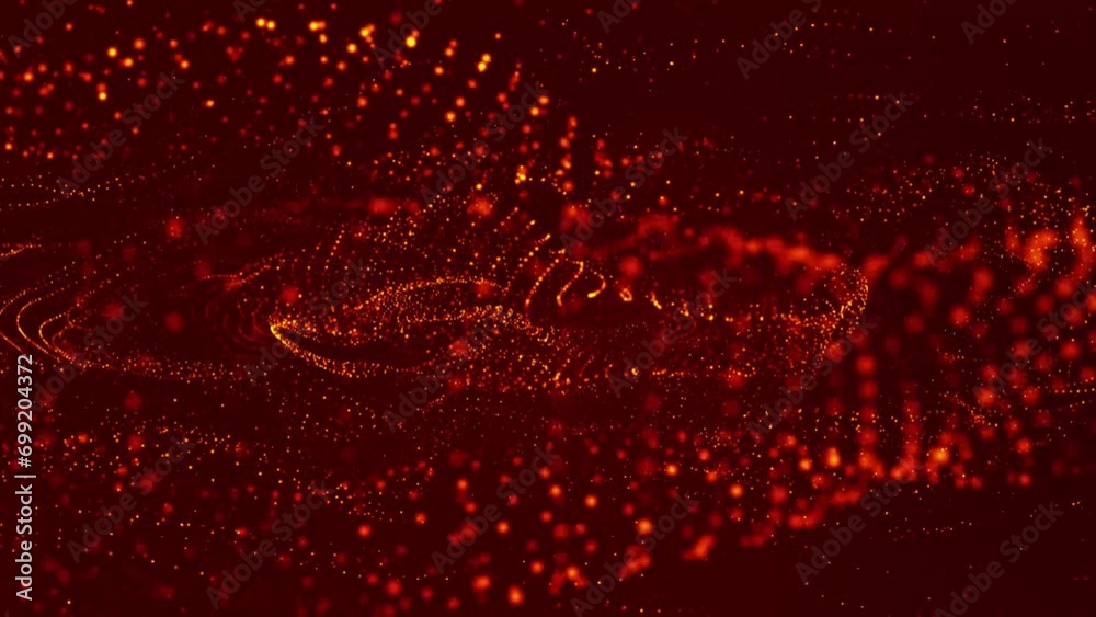 Poster flowing red dots and particles on a deep red background. abstract digital particle and dots and ligh