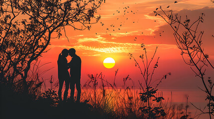 Silhouette of a couple in the sunset. Happy Valentine's Day banner.