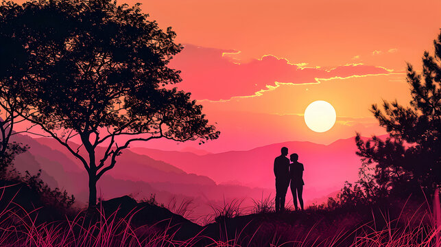 Silhouette of a couple on the sunset. Valentine's Day concept.