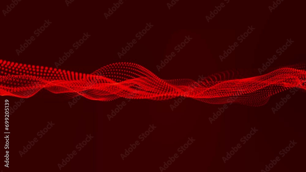 Poster flowing red dots and particles on a deep red background. abstract digital particle and dots wave and