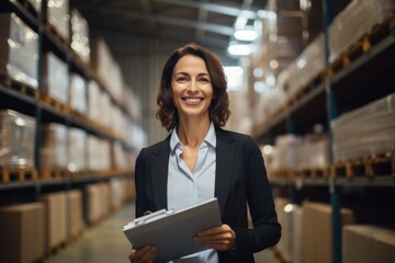 Portrait of a middle aged businesswoman holding clipboard in warehouse - obrazy, fototapety, plakaty
