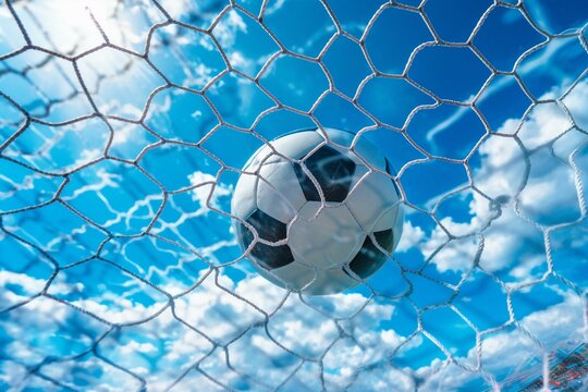 Football inside the net against a sky backdrop. Generative AI