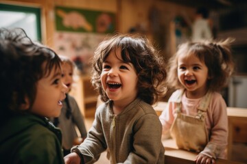 Happy little children playing inside a kindergarten