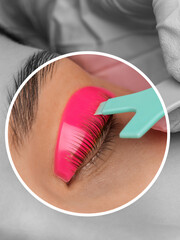 Make-up artist makes the procedure of lamination and dyeing of eyelashes to a beautiful woman in a...