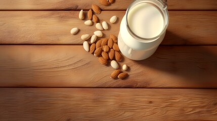 Obraz na płótnie Canvas Almond milk in a glass bottle and nuts on a wooden background