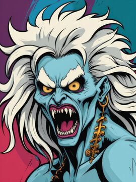 Flat Pop Art Style Banshee with Wild Hair and Wailing Mouth Gen AI