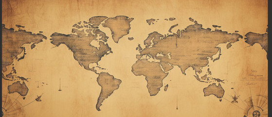 Antique global map showcasing continents for historical travel themes, aged parchment effect,...