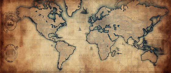 Antique world map, faded colors, exploratory travel theme, historical geography, rustic parchment, global adventure.