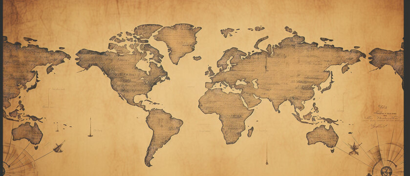 Antique global map showcasing continents for historical travel themes, aged parchment effect, educational backdrop.