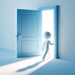White 3D figure entered through a door into an illuminated room. AI generated