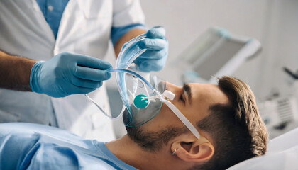 Doctor puts air mask on patient for surgery - obrazy, fototapety, plakaty