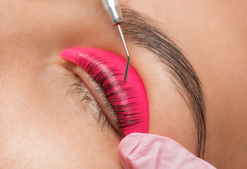 Make-up artist makes the procedure of lamination and dyeing of eyelashes to a beautiful woman in a...