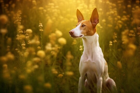 Ibizan hound dog sitting in meadow field surrounded by vibrant wildflowers and grass on sunny day ai generated