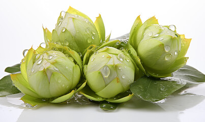 Water drops on green lotus flower. Isolated on white background.