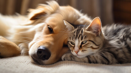 cat dog friend home comfortable lying together close up looking ai visual concept