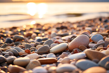 Glimpsing pebbles on the beachfront amidst a hazy twilight skyline.