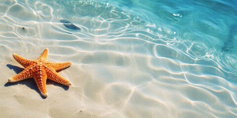 Fototapeta na wymiar Summer beach scene with starfish in crystal clear ocean water, perfect for a relaxing summer day.