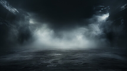 Discover the captivating interplay of mist and texture on a dark concrete floor. - obrazy, fototapety, plakaty
