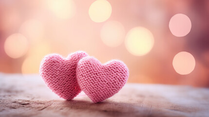 Obraz premium Pink knitted hearts on soft background, Valentine's day card